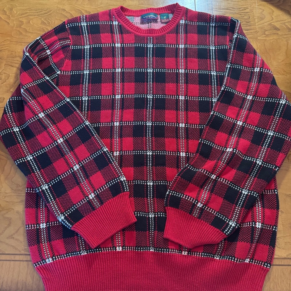 Saddlebred Mens Big & Tall Plaid Crewneck Sweater Red Black Tartan Knit‎ XL Tall